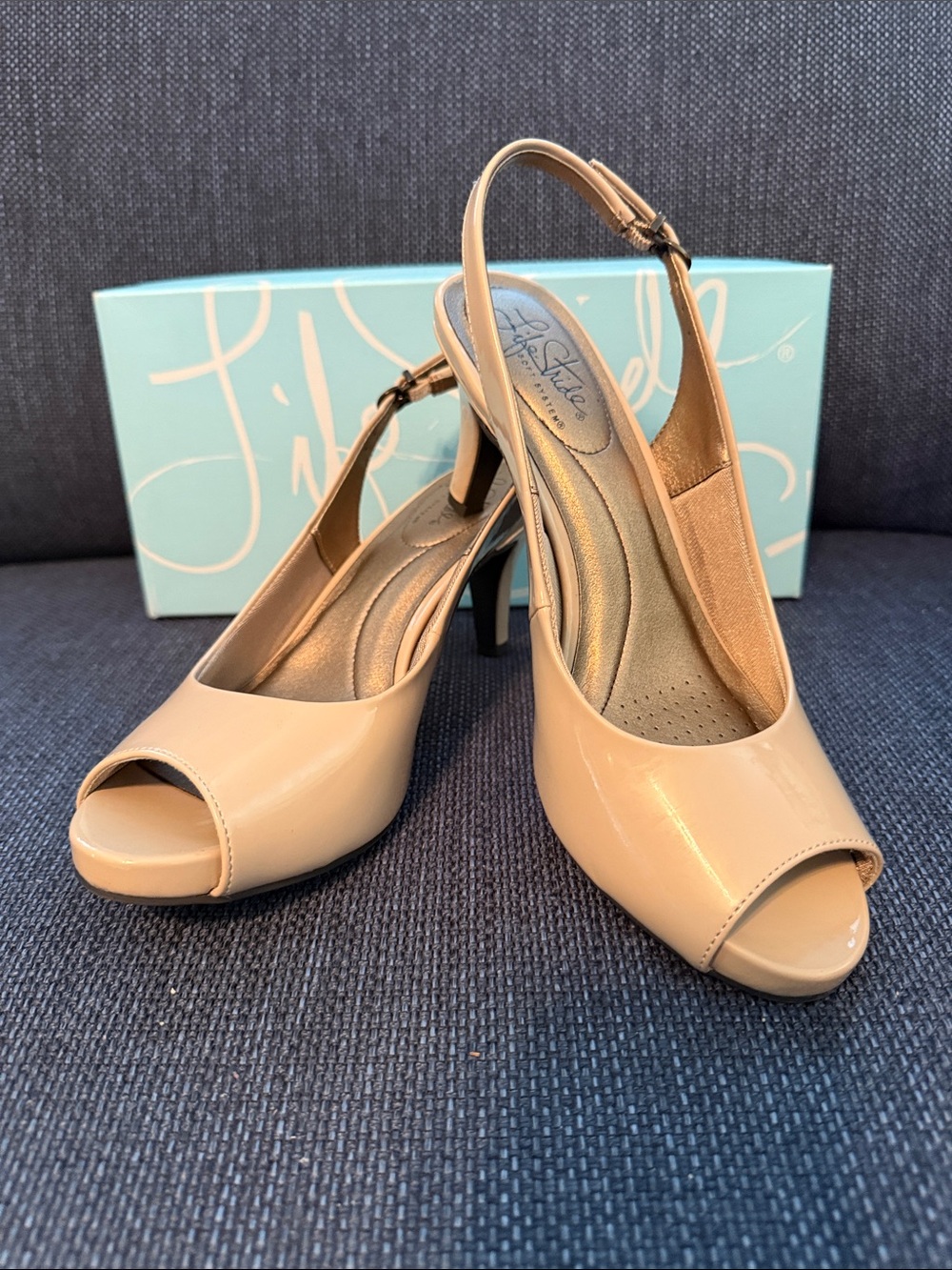 Life Stride Beige Patent Peep-Toe Slingback Heels